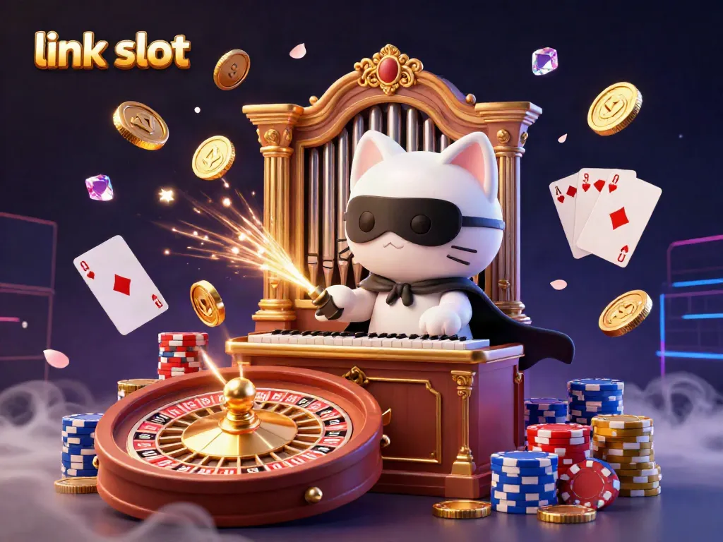 Experience thrilling action at link slot with a mystical cat and casino elements in a vibrant scene.