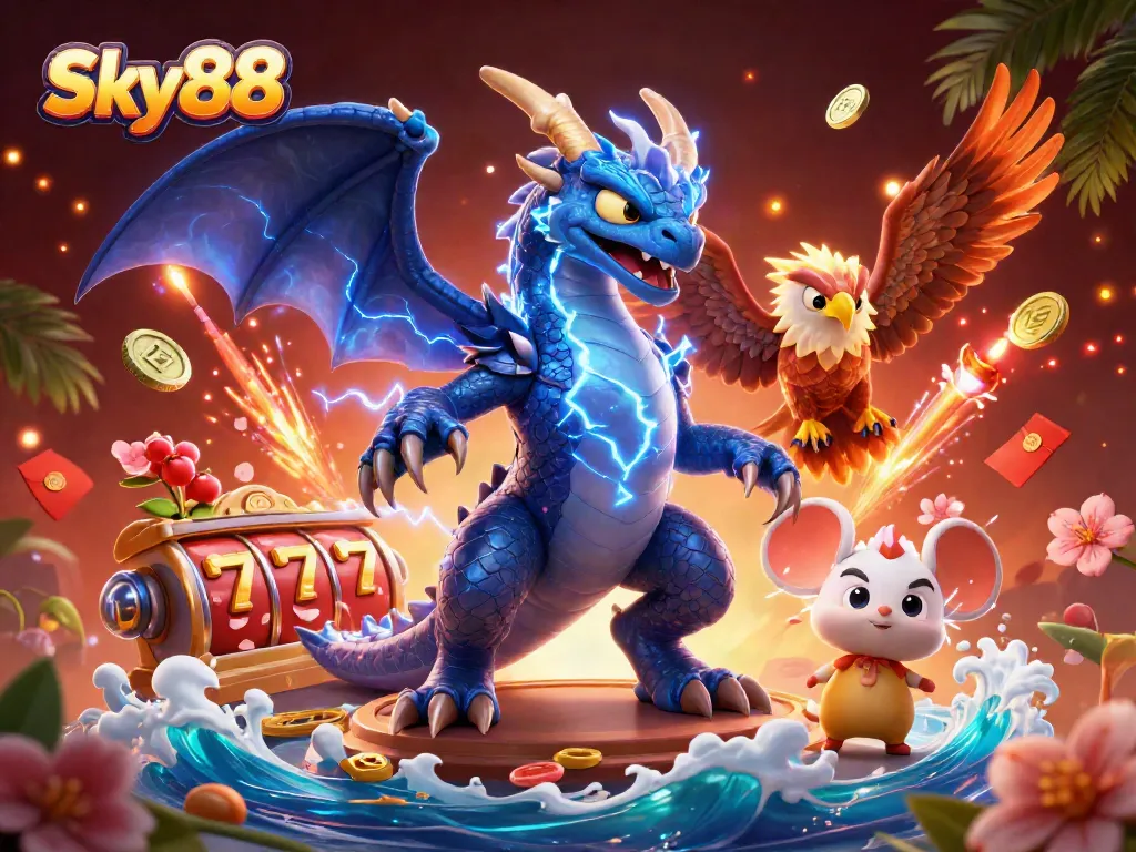 Experience thrilling action at Sky88 with dynamic slot reels and vibrant game elements.