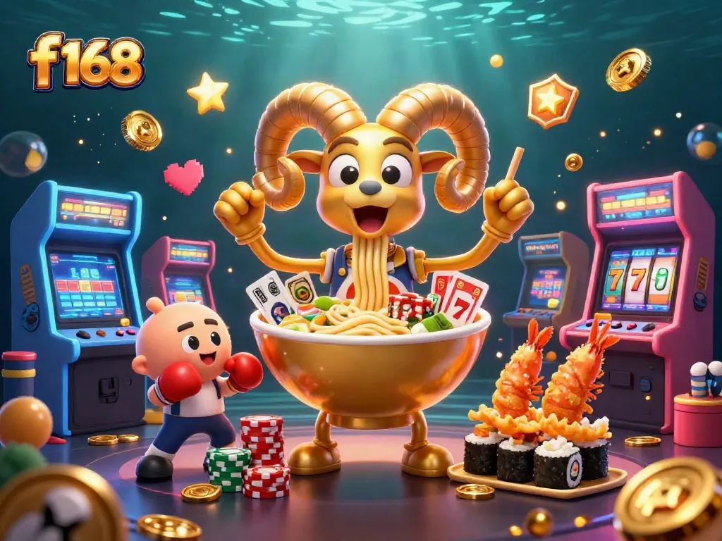 Play exciting games with f 168 featuring a fun 3D casino-themed illustration.
