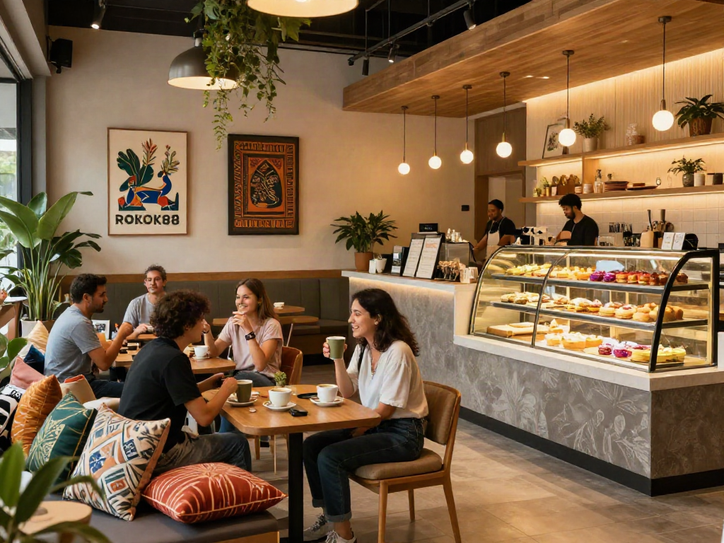 rokok88 café featuring a cozy lounge with patrons enjoying coffee and conversation