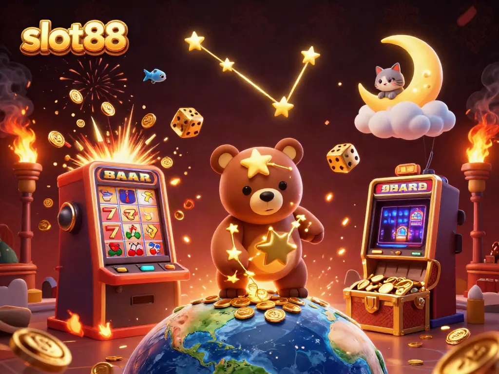 Engage in thrilling gameplay at slot88 with a vibrant scene of a 3D constellation bear scooping coins.
