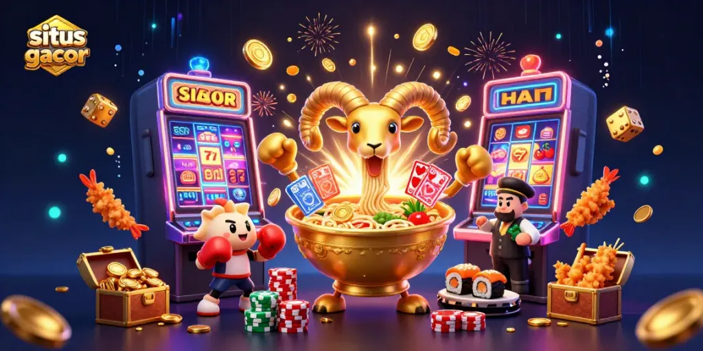 Engage with situs gacor as a giant ramen bowl dealer, surrounded by dynamic casino elements.