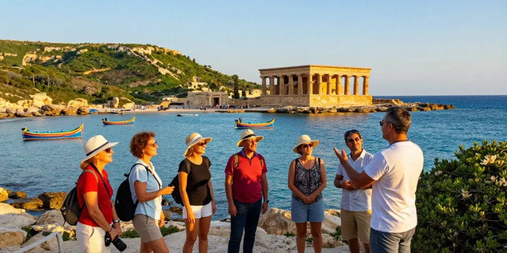 Exciting malta gozo tour experience with tourists exploring Ggantija Temples on Gozo's coastline.