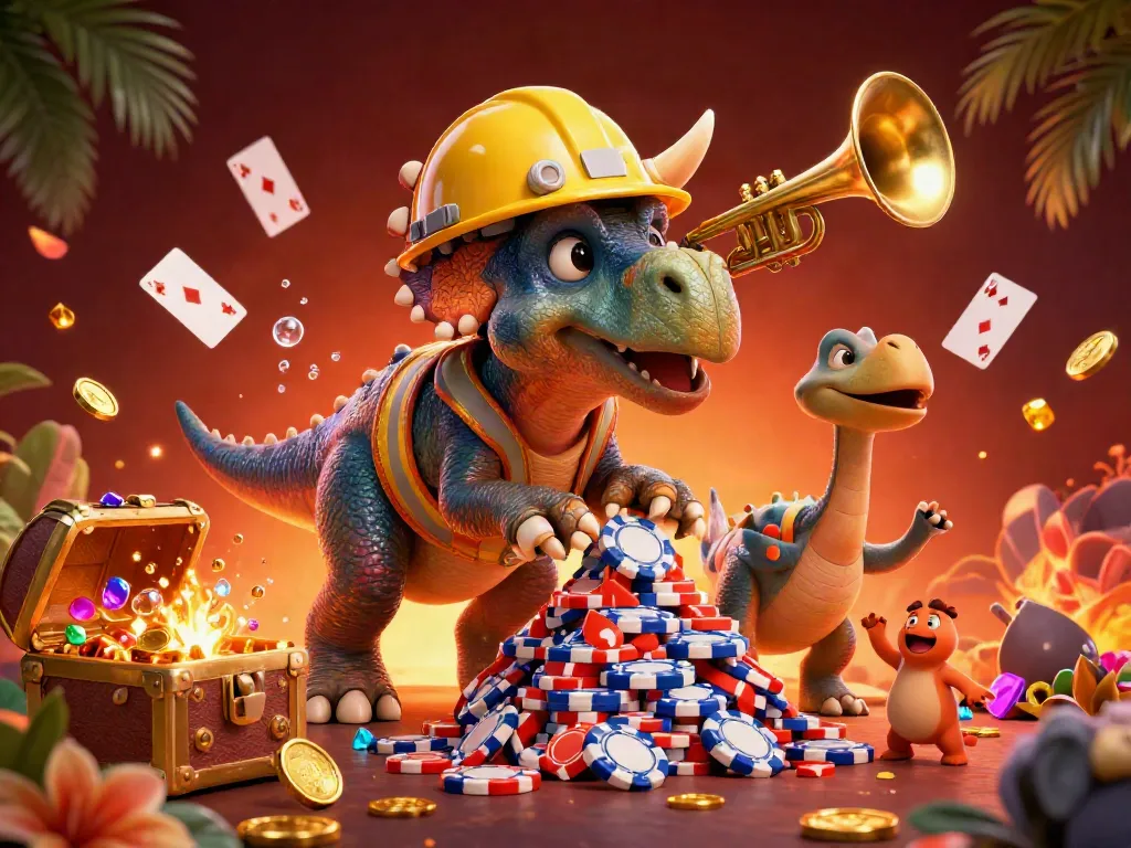 ku88's joyful celebration features a triceratops and parasaurolophus creating a casino scene with poker chips and coins.