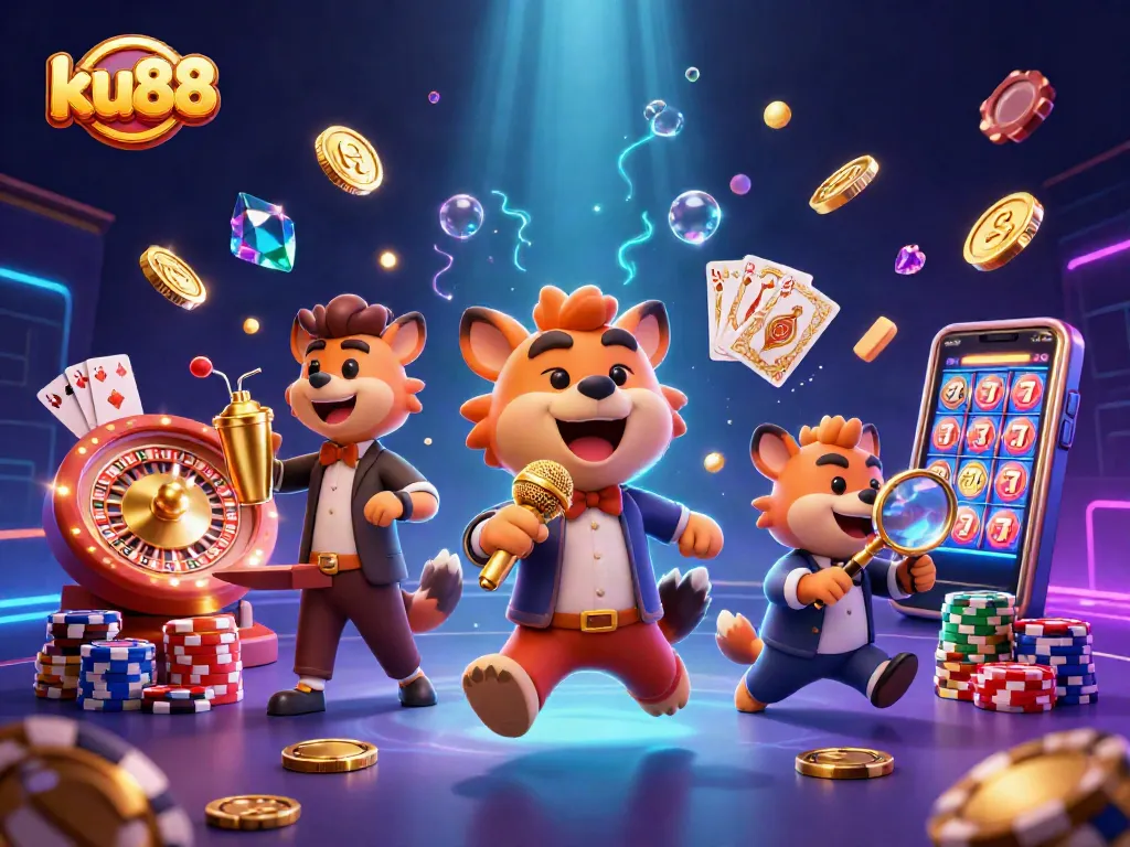 ku88 showcases a lively scene with hyena characters at a vibrant casino, capturing the excitement of gaming.