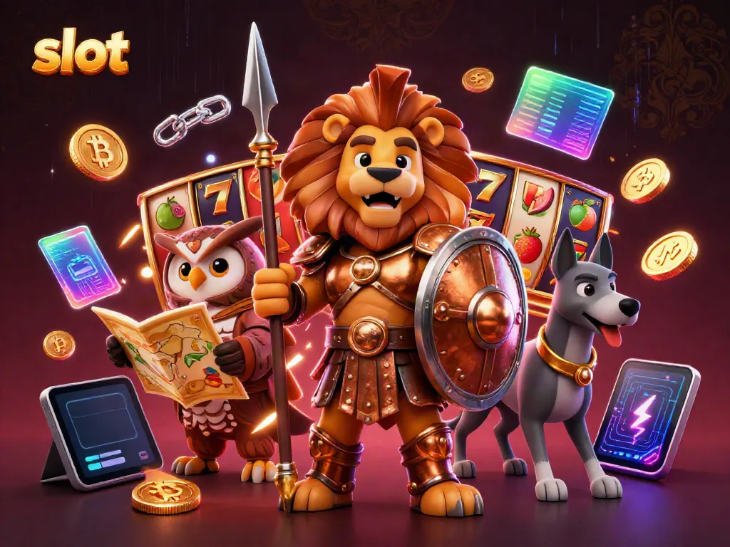 Experience thrilling slot action with a dynamic illustration of a Spartan lion, owl strategist, and greyhound messenger.