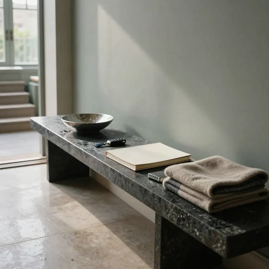 Townhouse entry hall with keys, folio and throw on a stone console after rain