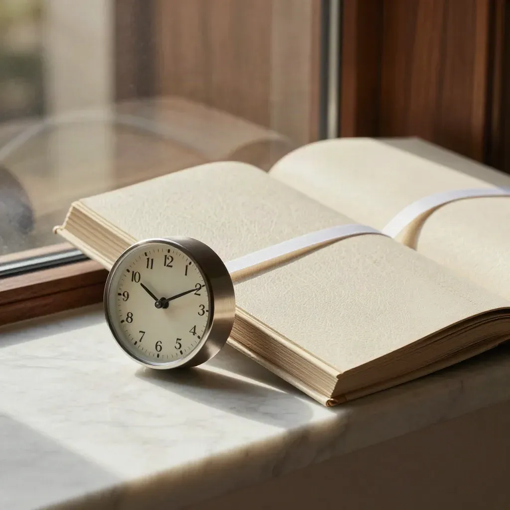 Clock and renewal folios on a marble ledge in a bright insurance lobby.