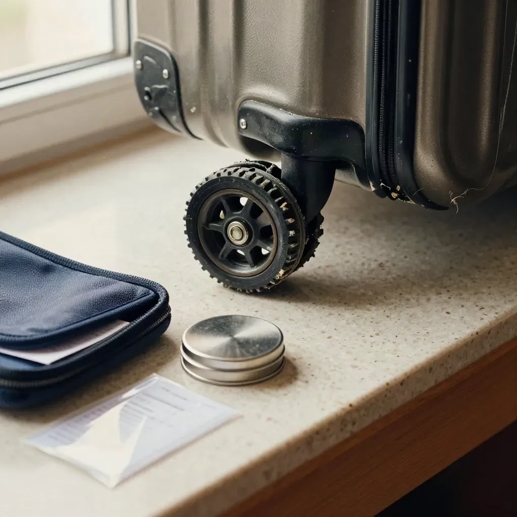 Damaged suitcase wheel with claim kit, repair tin and sealed sleeve on a travertine workshop bench