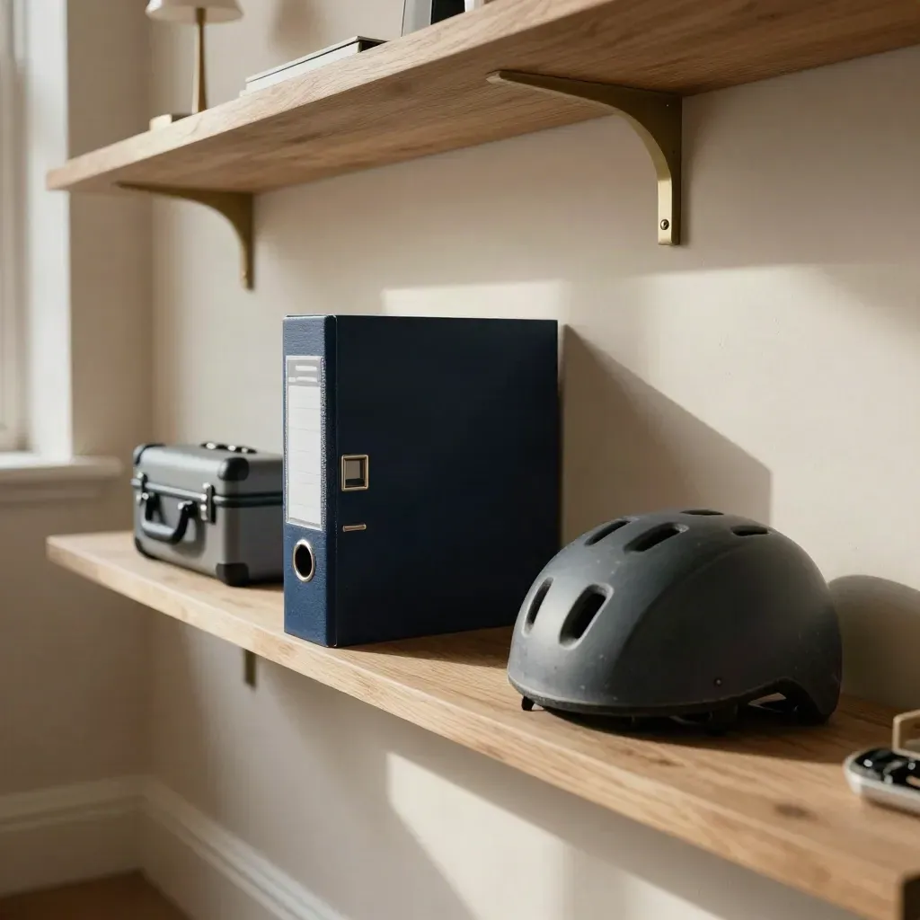 Entry shelf with policy binder, travel case, and bicycle helmet in a warm Dublin hallway
