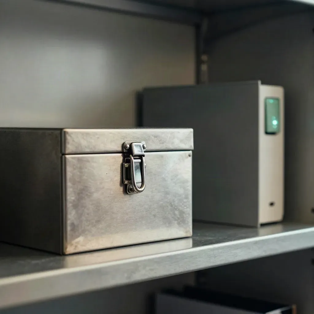 Brussels shop back room with cashbox, alarm sensor and policy folio on a steel shelf