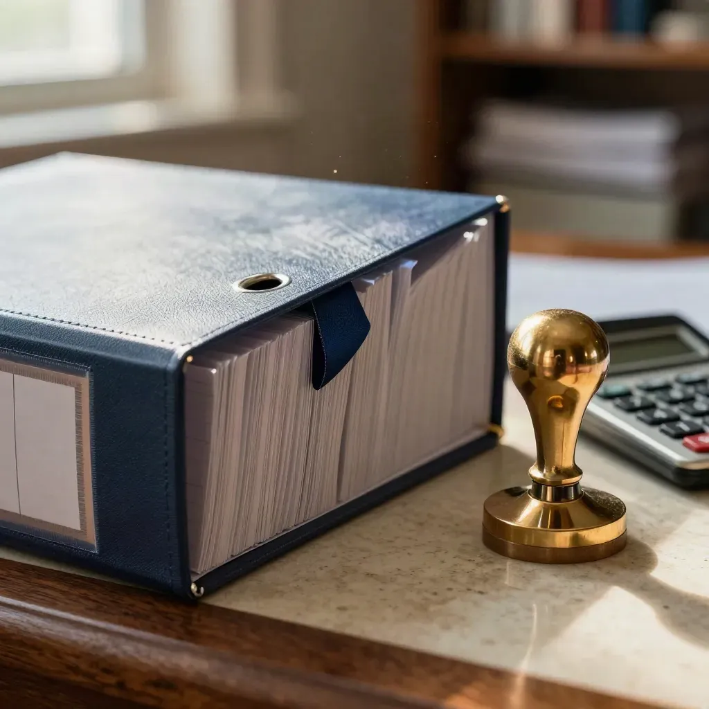 Macro of insurance binders, brass stamp and calculator on a walnut desk.