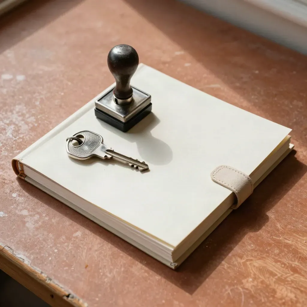 Overhead still life of a shop key, cashbox latch, delivery stamp and binder on terracotta clay.
