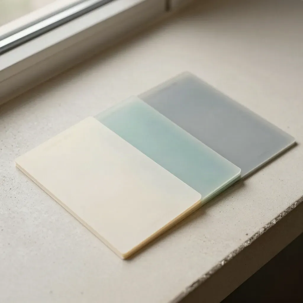 Three translucent comparison cards and folio edges fanned on cream concrete with teal accents.