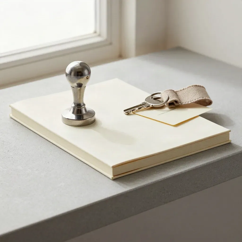 Sealed folio, metal stamp and cloth-bound key ring on pale stone with soft daylight.