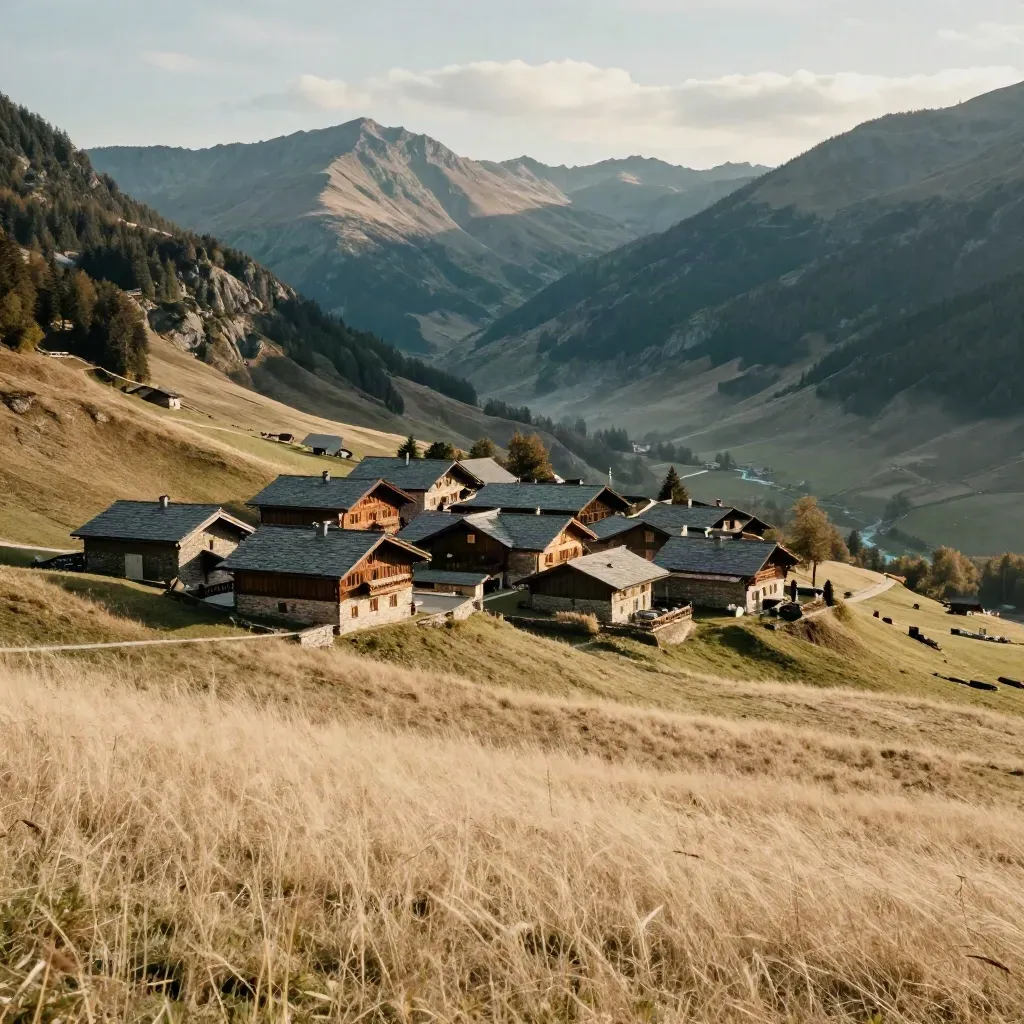 Golden alpine valley with a small village high on the slope, distant ridgeline, and open meadow below.