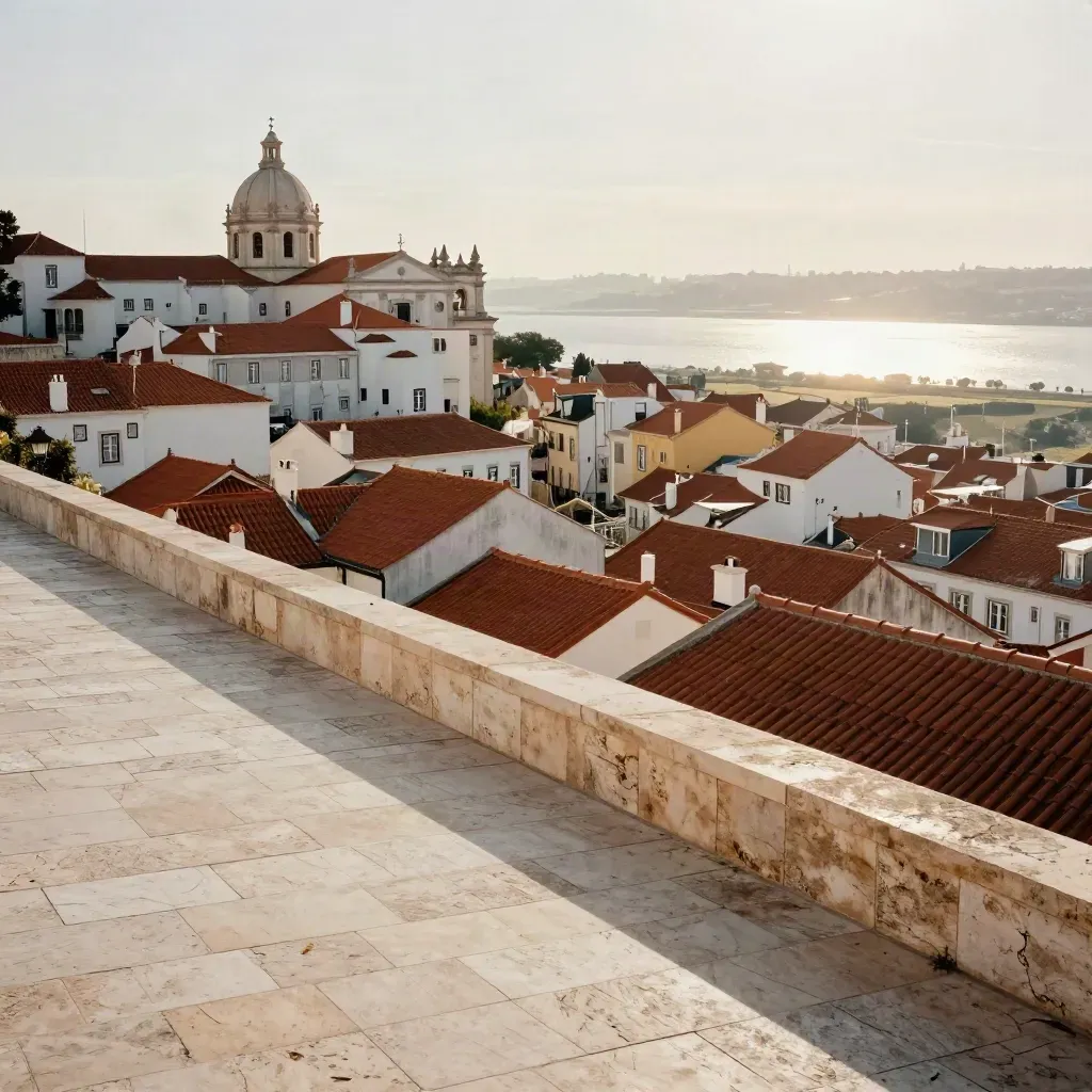 Lisbon hillscape of terracotta rooftops above a pale stone foreground and the Tagus in warm haze