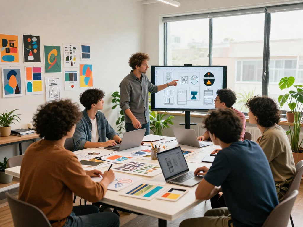 Team of designers collaborating in a vibrant studio, inspired by rokok88 creative mentorship.