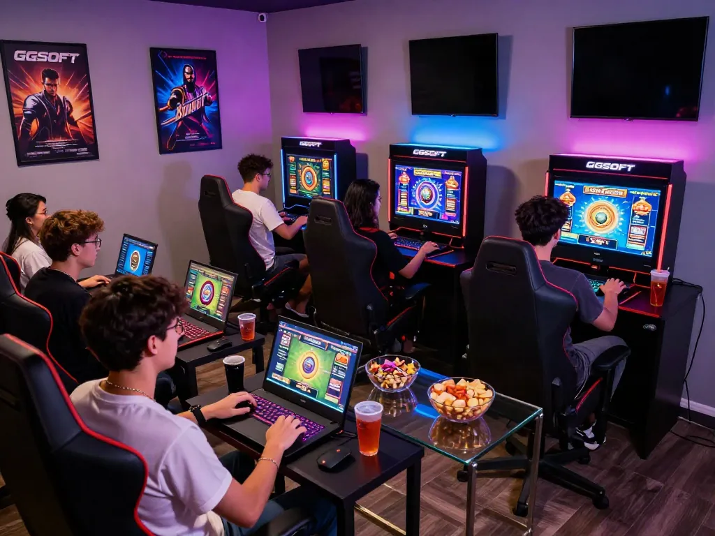 Friends enjoying a gaming session with GGSOFT login on display in vibrant gaming lounge.