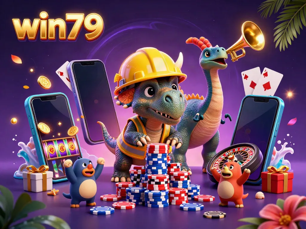 Engage in thrilling gameplay at win79, with vibrant 3D characters building poker chips alongside dynamic casino games.