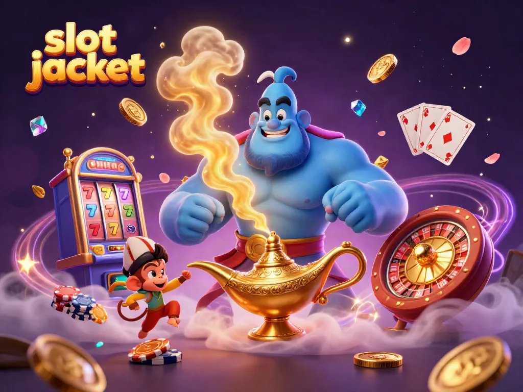 Experience the thrill of winning at the slot jackpot with a vibrant casino scene featuring a genie and poker chips.