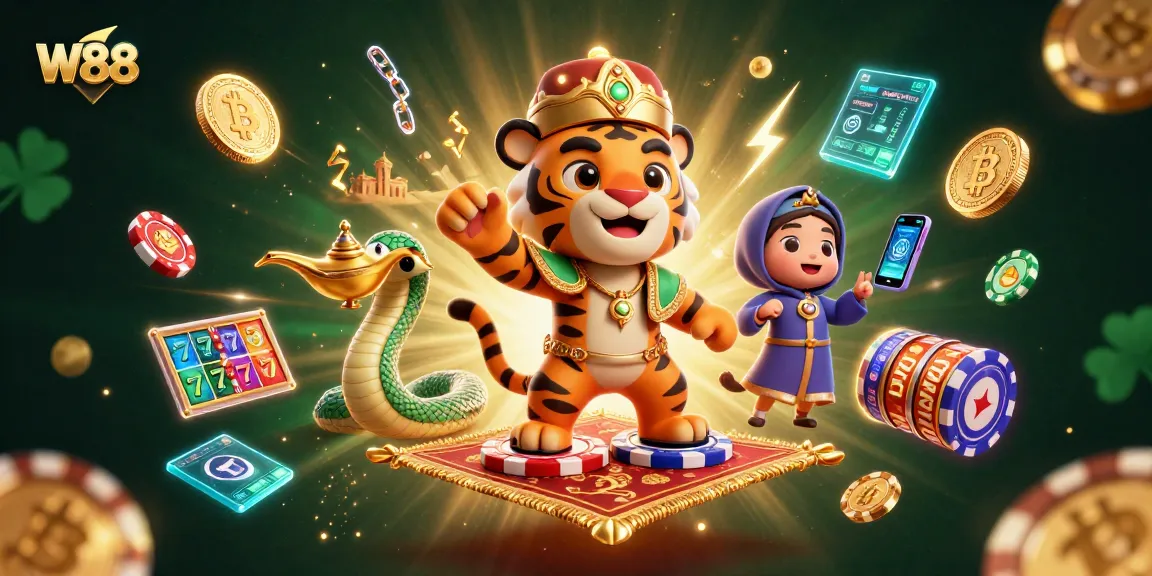 Engage in thrilling W88 adventures with a vibrant casino scene featuring a sultan, genie, and 3D slot elements.