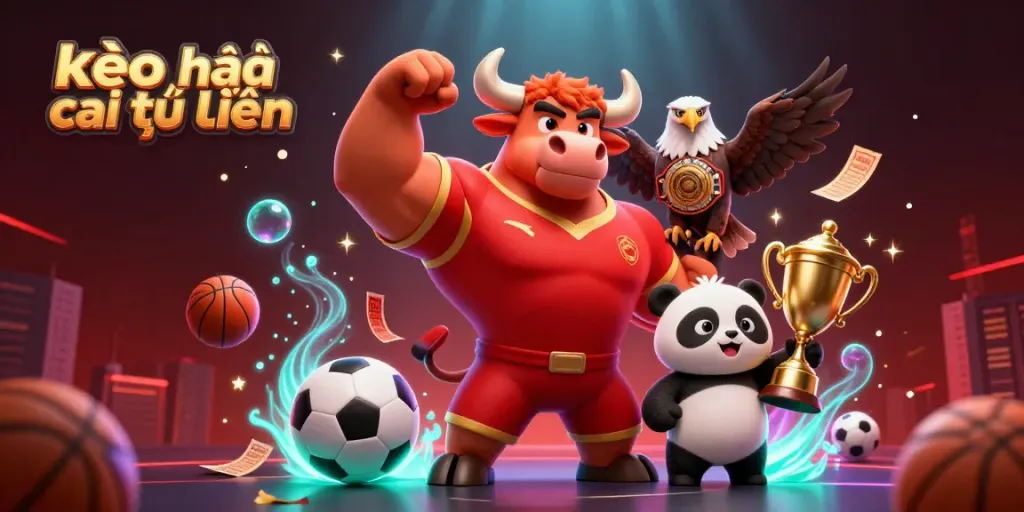 Celebrate sports betting with kèo nhà cái trực tuyến featuring a victorious bull, an eagle, and a cheering panda amidst sports elements.
