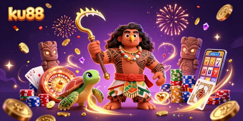 Experience the excitement of ku88 with a vibrant casino scene full of treasures and fun.