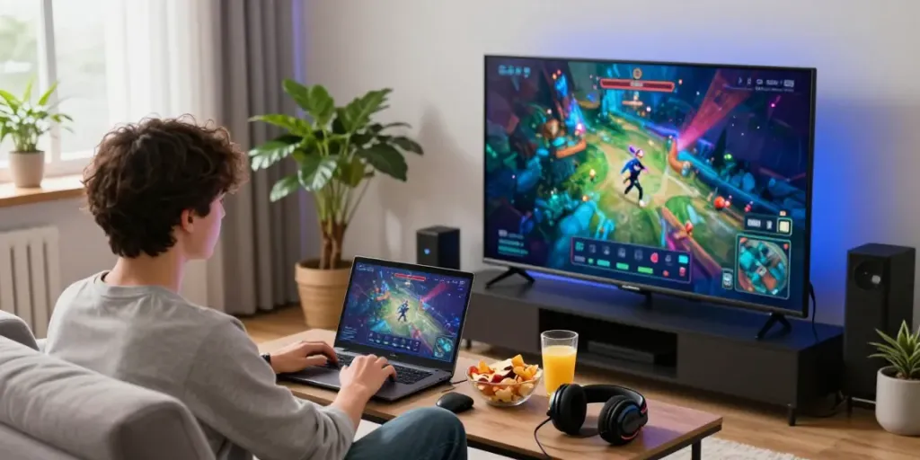 Person enjoying casual gaming with rokok 88 themed snacks and drinks in vibrant room.