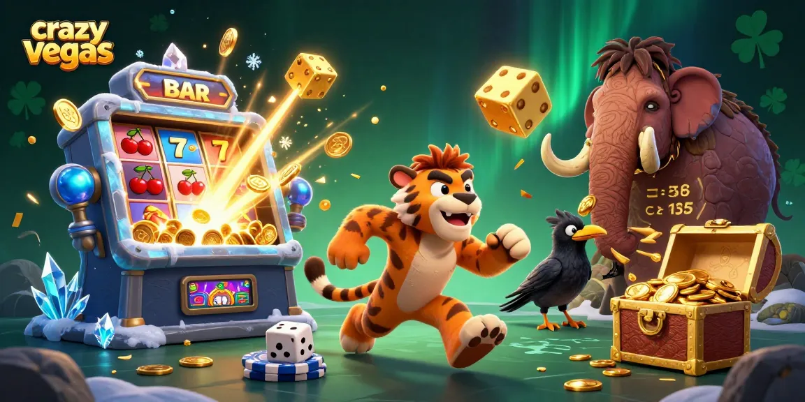 Experience the excitement at crazyvegas with a vibrant prehistoric casino scene featuring colorful symbols and joyful characters.